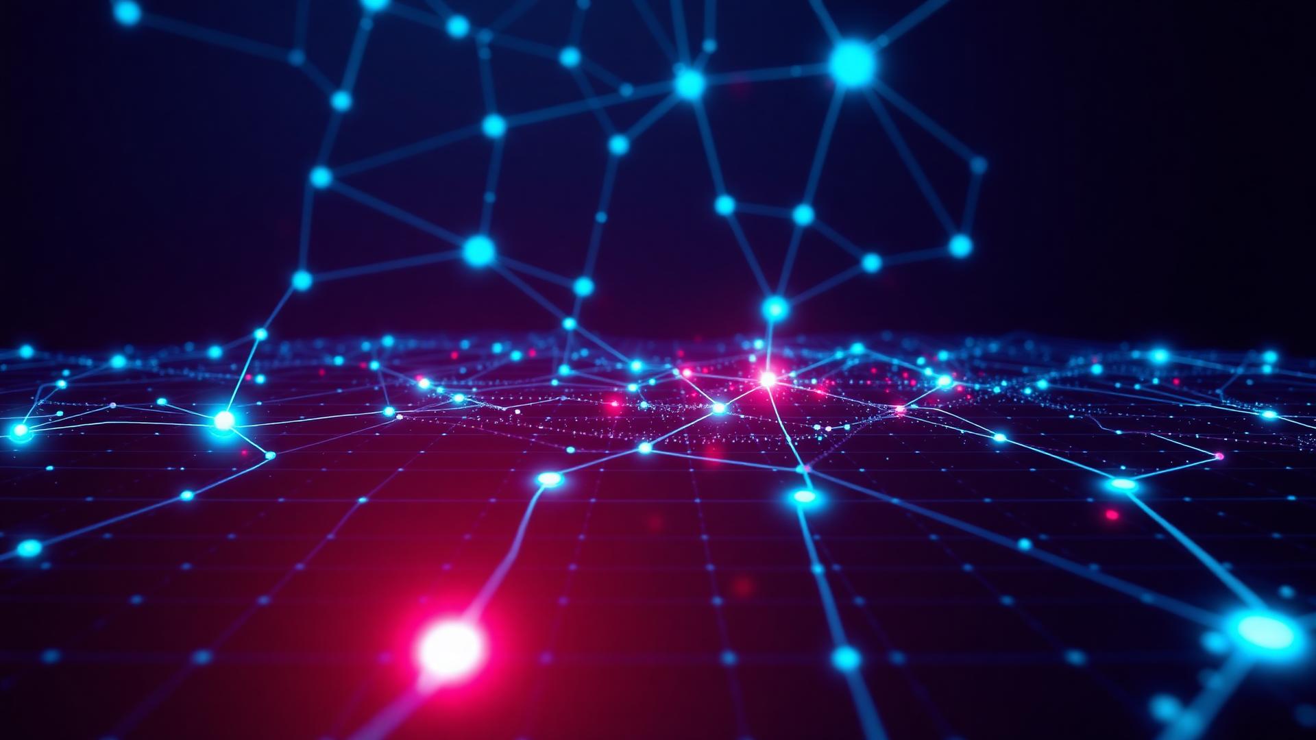 Abstract cyan network of glowing data nodes representing global IT infrastructure