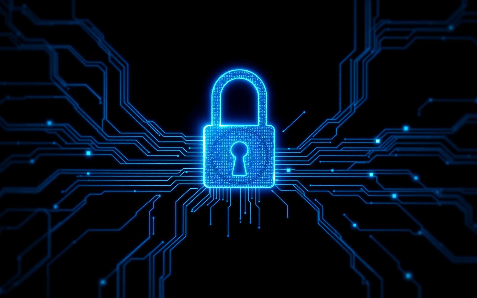 Glowing digital padlock made of circuit lines symbolizing cybersecurity