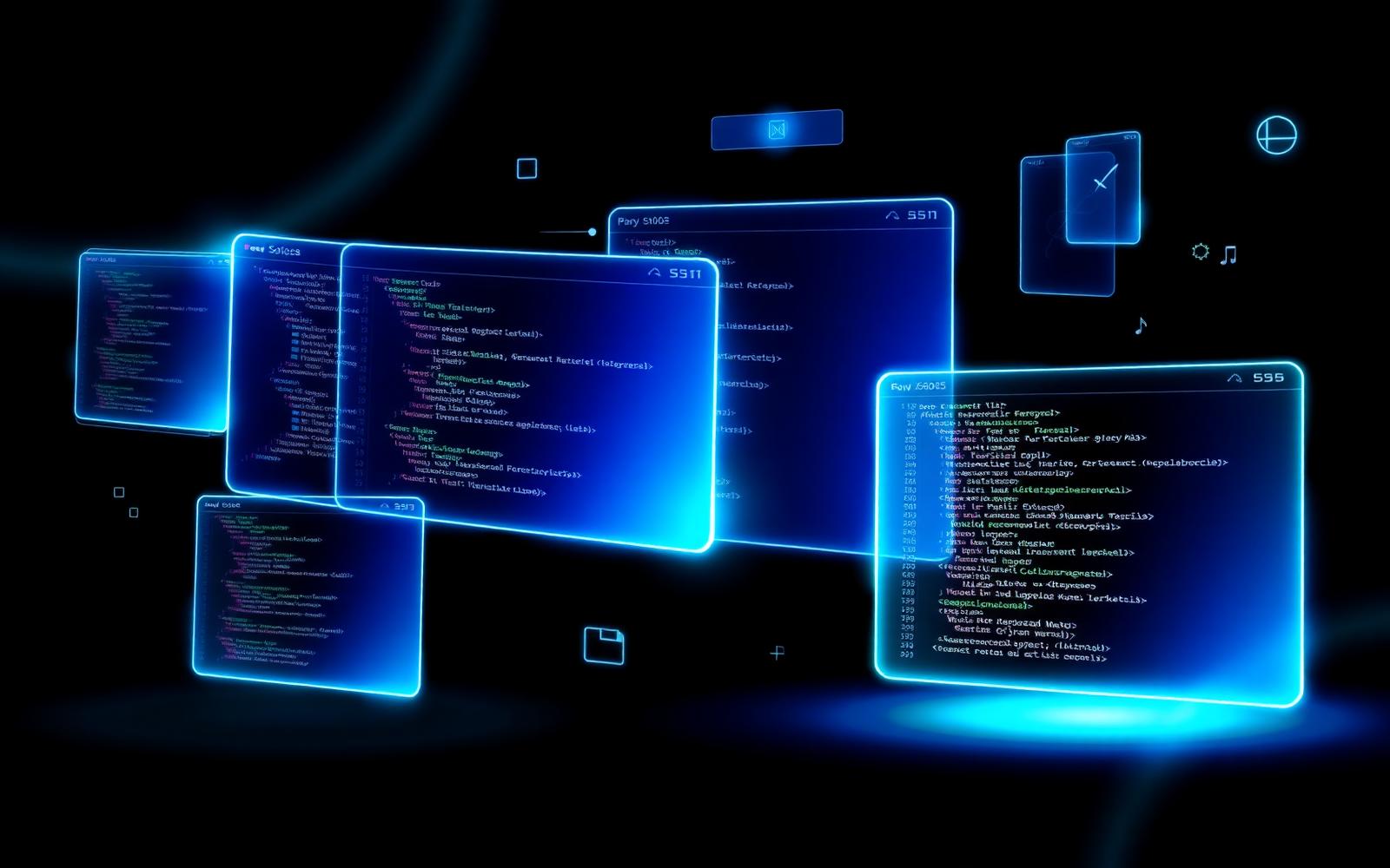 Floating holographic code windows representing modern software engineering
