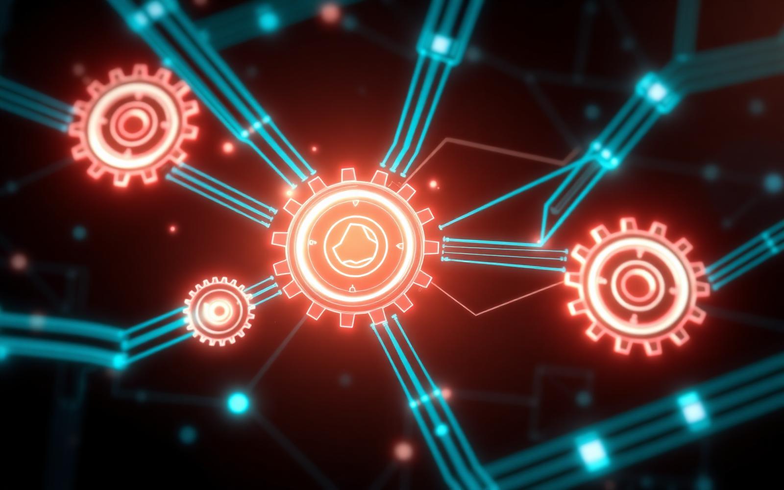 Illustration of interconnected glowing gears representing digital transformation